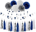 Navy Blue White Silver Party Decorations, Tassel Garland Banner Flowers by LastingSurprise