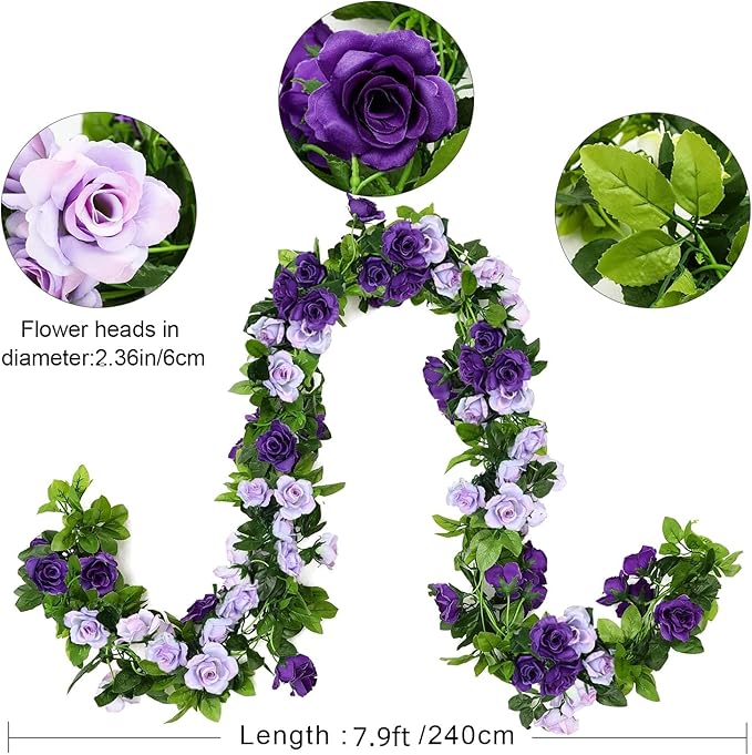JUSTOYOU 2 Pack Fake Rose Garland, Artificial Roses Vines Flower Garland - Image 2