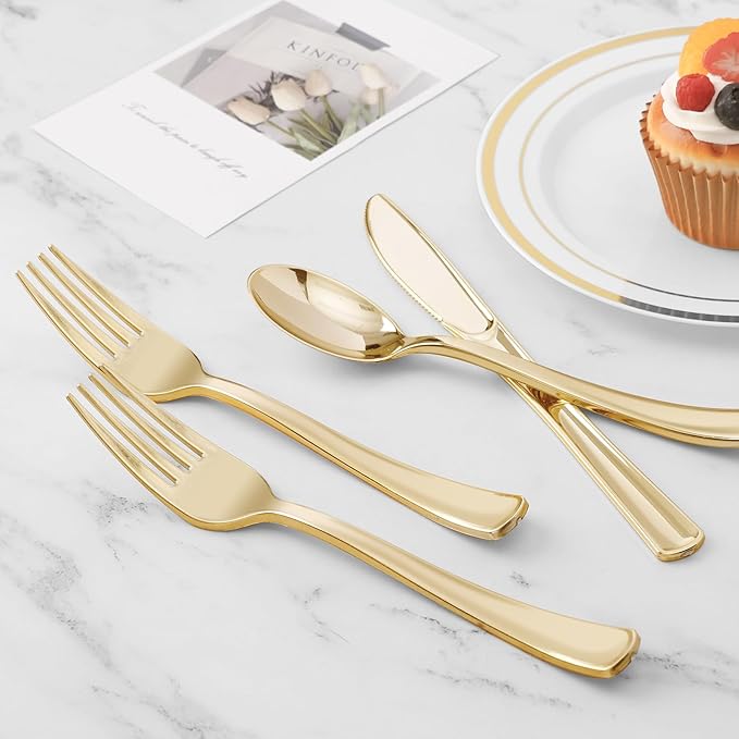 BESTVIP 100 Pack Pre Rolled Gold Plastic Silverware Set, Disposable Wrapped - Image 5