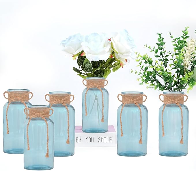 Vintage Glass Flower Vase，6 Pack Blue Farmhouse Glass Centerpiece Vases Mason by LEYIQUCHAMPAGNEWINEGLASSES