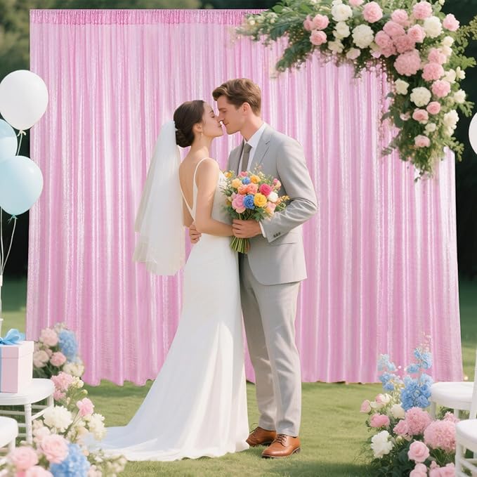 Matte Pink Sequin Backdrop Curtain 2 Pieces 2FTx8FT Glitter Photography Backdrop - Image 2
