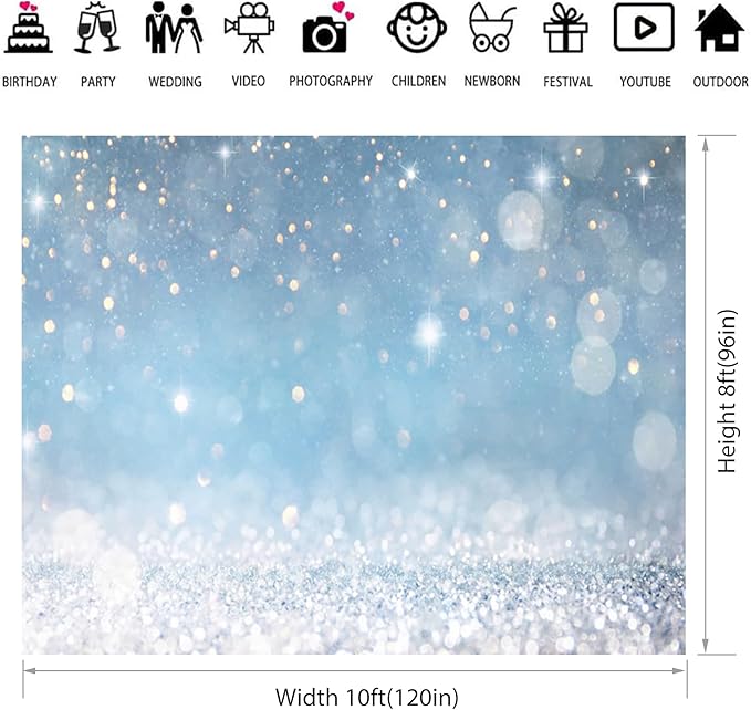10x8ft Blue Bokeh Backdrops Birthday Party Abstract Golden Sparkling Spots - Image 3