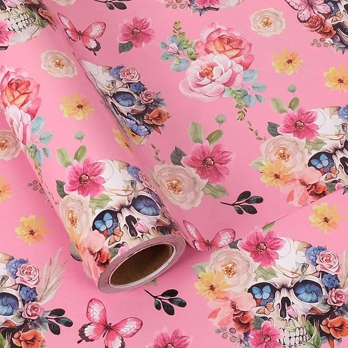 Aimyoo Gothic Wrapping Paper Roll, 17 Inch X 33 Feet Skull Floral Butterfly by Aimyoo