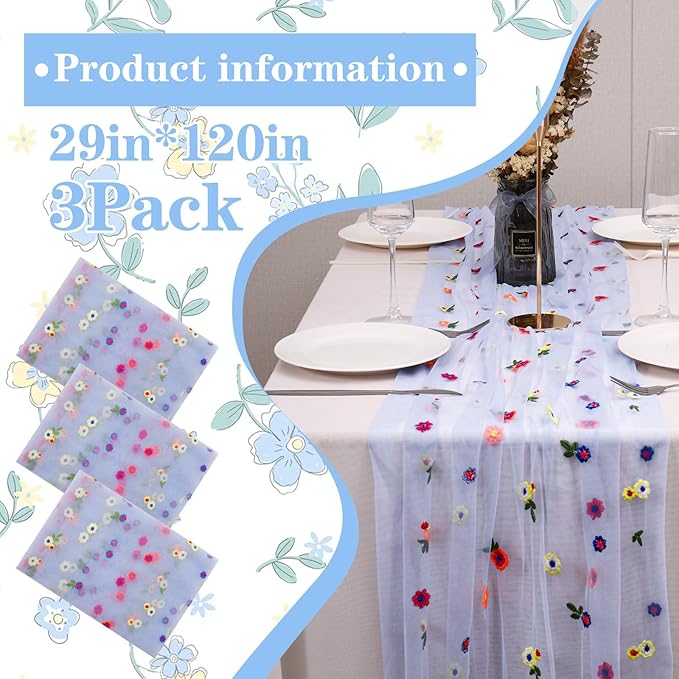 3PCS Blue Floral Table Runner 10 FT, Embroidery Daisy Table Runners Seasonal - Image 2