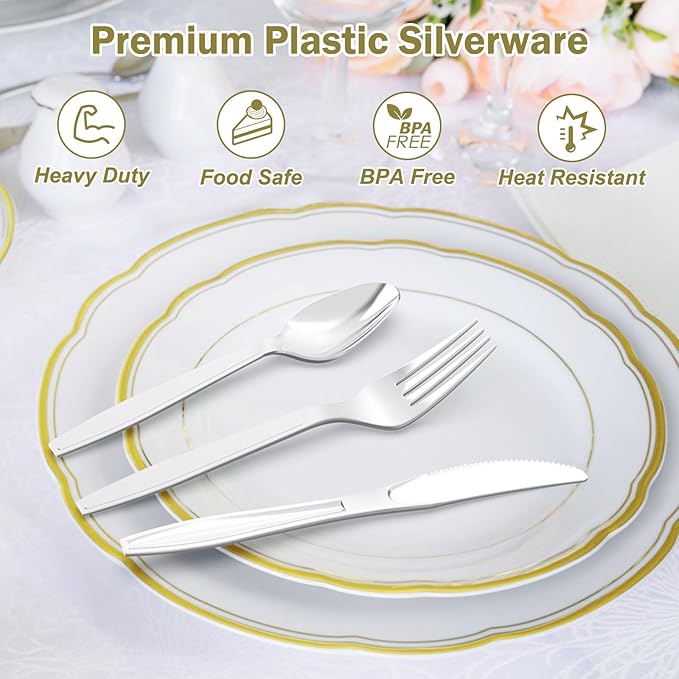 300 Count Extra Heavy Duty Silver Plastic Silverware, 100 Forks, 100 Spoons - Image 3