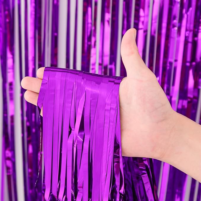 2 Pack Purple Foil Fringe Backdrop Curtains, Tinsel Streamers Birthday Party - Image 2