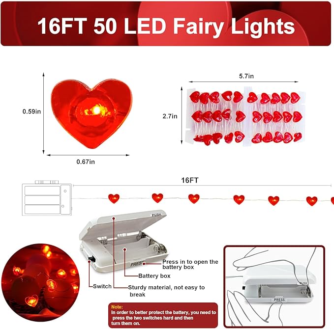 2 Pack Valentine’s Day Red Heart Fairy String Lights 16FT 50 LEDs Valentine's - Image 2