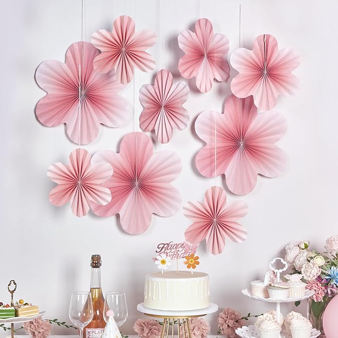 SUNBEAUTY 9 PCS Pink and Cherry Blossom Party Decorations Pink Paper Fans Decor - Image 4