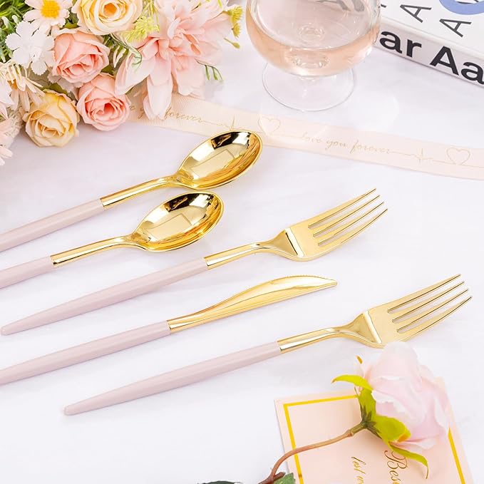 SUT 160Pcs Pink and Gold Plastic Silverware, Heavy Duty Plastic Silverware - Image 6