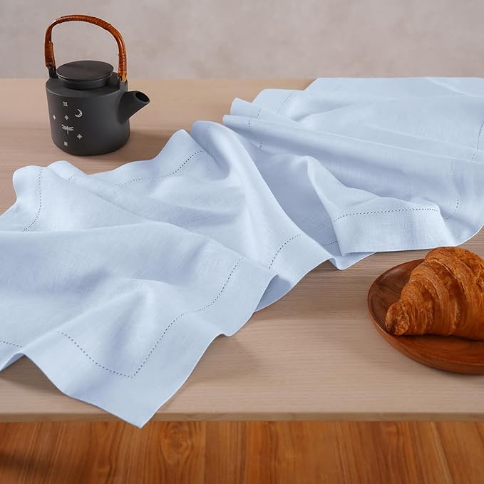 Light Blue Table Runner 36 inches – 100% Pure Linen Hemstitch Coffee Table - Image 2