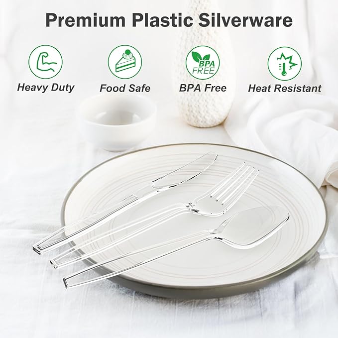 300 Count Extra Heavy Duty Clear Plastic Silverware, 100 Forks, 100 Spoons - Image 3