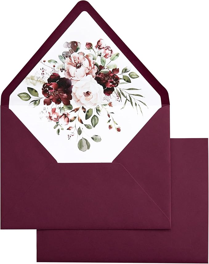 PONATIA 50PCS A7 Euro Flap Envelopes, 5.25 x 7.25'' Burgundy Flowers Liner by ponatia