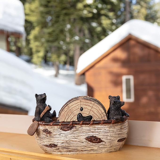 Bear Coasters Set of 6 Full Size Rustic Coasters in Handmade Canoe - Image 4