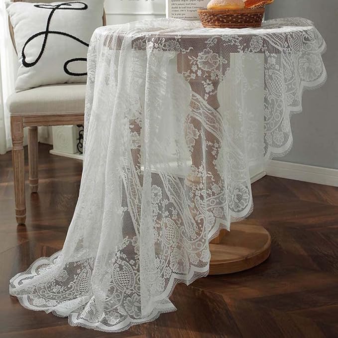 Vintage 60 inch White Lace Tablecloth Floral Embroidered Boho Shabby Chic Small - Image 3