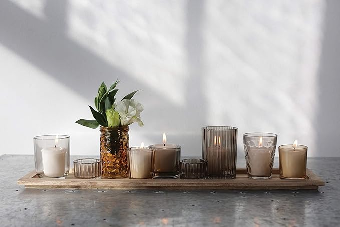 Wood Tray with 9 Brown Glass Votive Holders - Image 3
