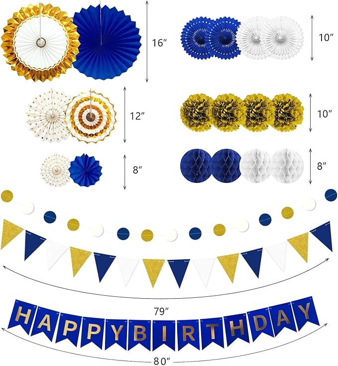 Navy Blue and Gold Happy Birthday Party Decoration 24Pcs Hanging Paper Fans - Image 4