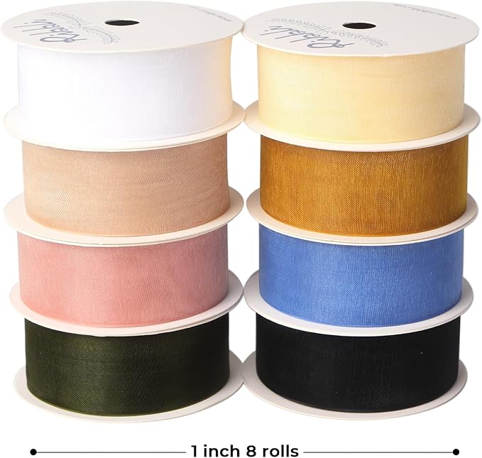 Ribbli 8 Rolls Organza Ribbon 1 Inches Total 80 Yard White Ivory Champagne Gold - Image 2