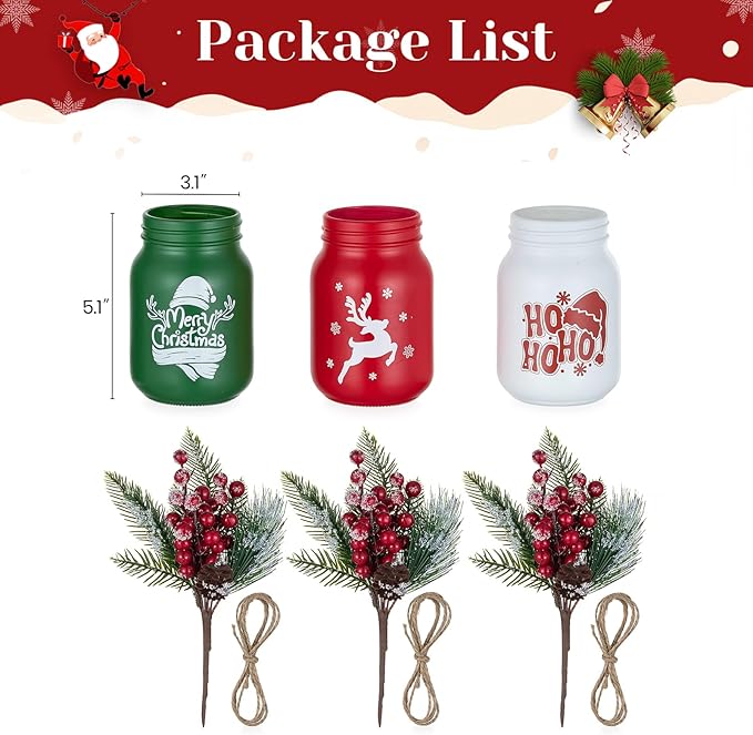 Hewory Christmas Vase for Table Centerpieces: 3 PCS Glass Christmas Mason Jars - Image 5