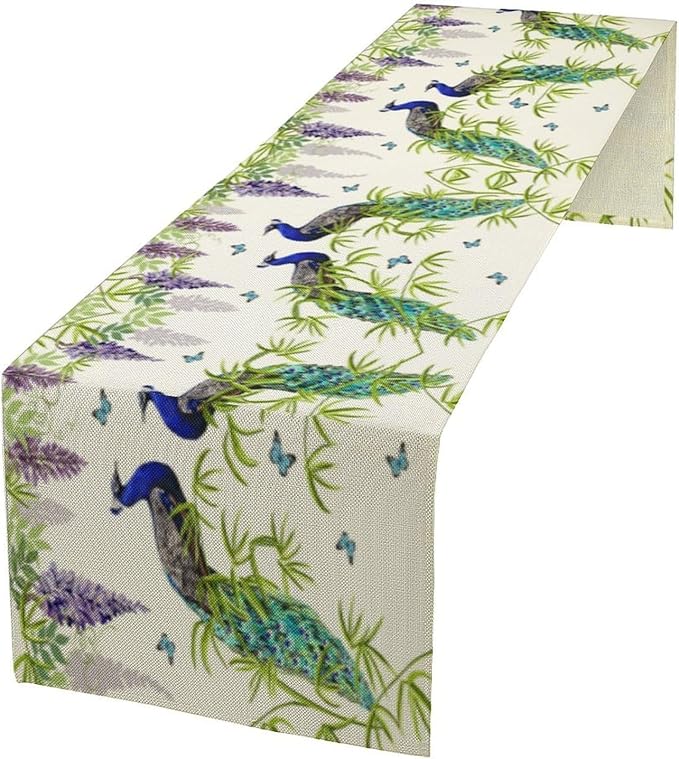 Peacock Table Runner, Spring Plant Butterfly Print Seasonal Table Runner by Unknown