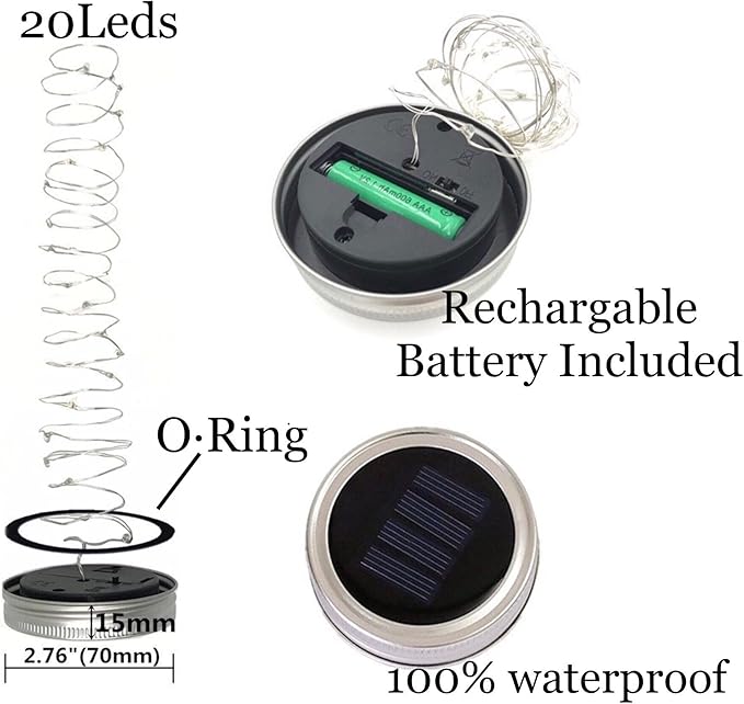 Solar Mason Jar Lid String Lights, 8 Pack 20 Led String Fairy Star Firefly Jar - Image 3