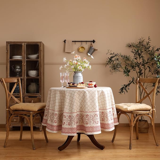 ISAENNE Designer Linen Floral Round Tablecloth, Pale Yellow Elegant Farmhouse - Image 2