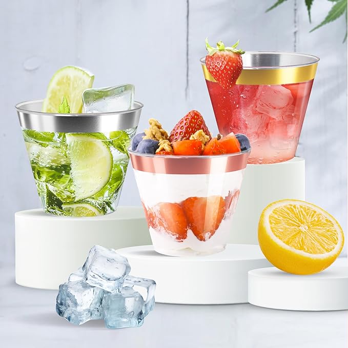 9oz Clear Plastic Cups with Gold Rimmed Sturdy & Food Safe Disposable Wine - Image 6