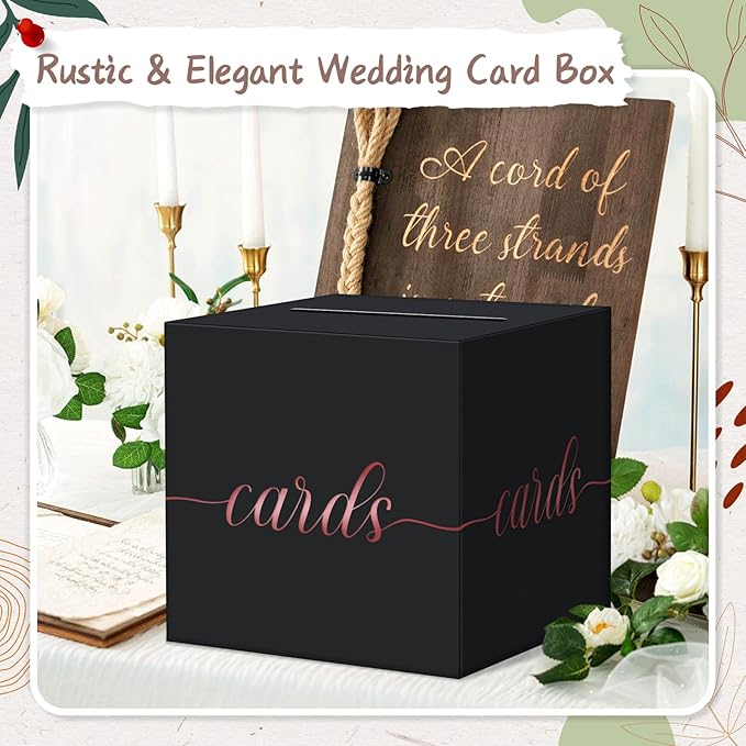 QIKSION Black Wedding Card Box, Rose Gold Foil Gift Card Box - Image 2