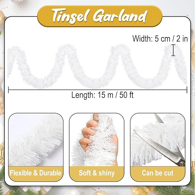 50 Feet Macaron White Christmas Tinsel Garland, Metallic Foil Twist Banner Wall - Image 2