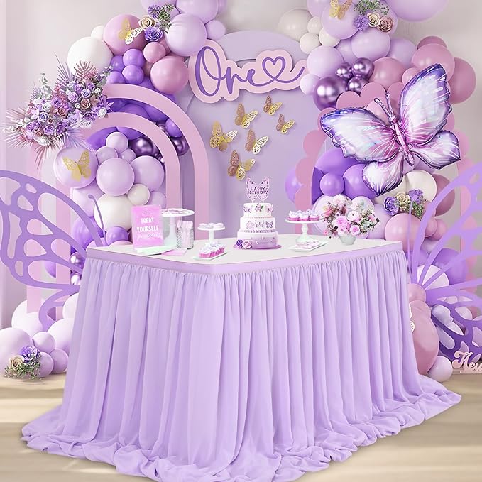 QueenDream 14ft Lavender Chiffon Table Skirt Purple Sheer Tablecloth - Image 3