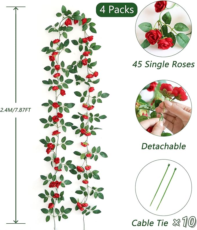 4 Packs Artificial Rose Garland: 31.48Ft Each Fake Flower Vine - Image 2