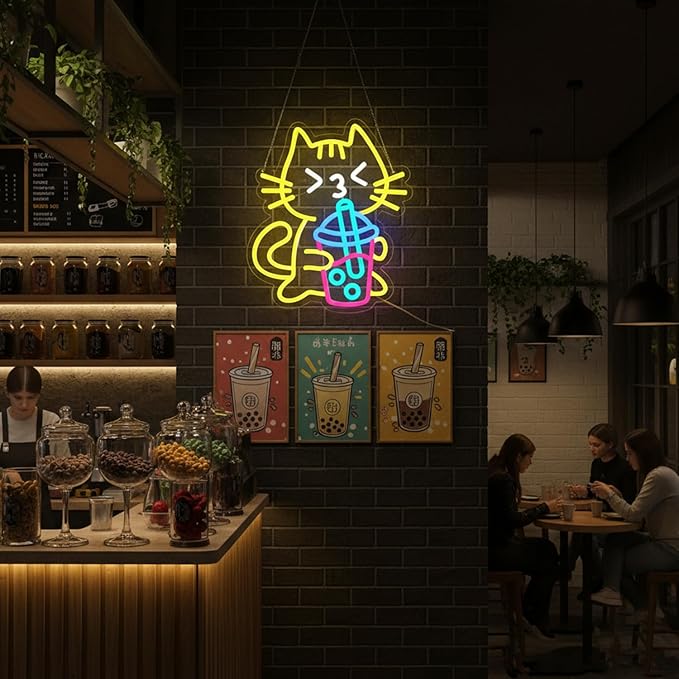 Cat Boba Tea Neon Sign Yellow Cat Led Neon Signs - Image 5