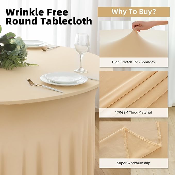 6 Pack Champagne Round Spandex Tablecloth 60 Inch, Wrinkle Free Stretch 120 - Image 4