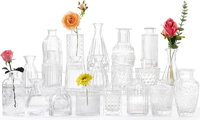 Glass Bud Vases -Set of 20 for Flowers, Small Clear Bud Vases in Bulk for by QLOFEI