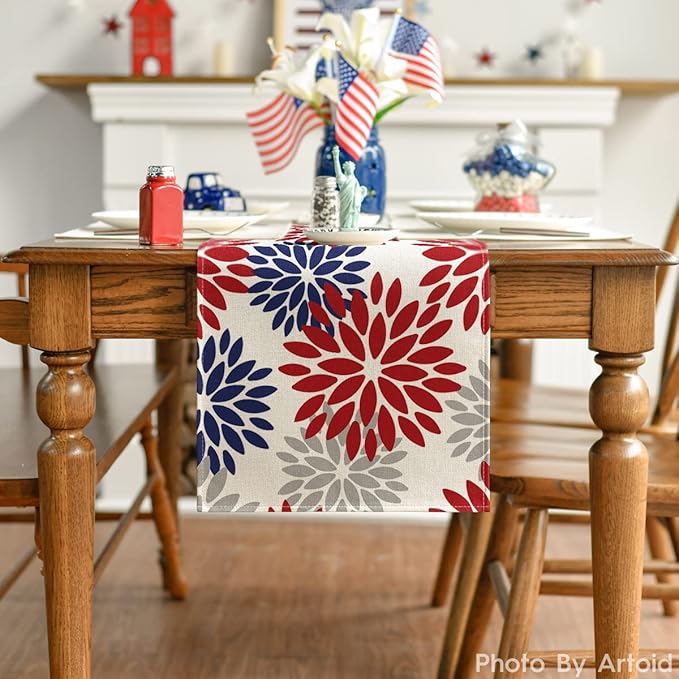 Artoid Mode Red Dahlia Floral Pinnata Memorial Day Table Runner, 4th of July - Image 2