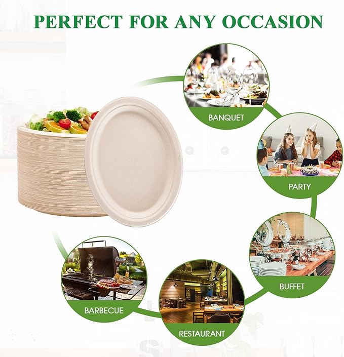 Vplus 100% Compostable Oval Paper Plates 10 inch 125 Pack Super Strong - Image 6