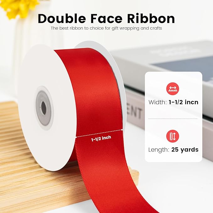 1-1/2 inch x 25 Yards Double Faced Polyester Red Satin Ribbon - Image 2
