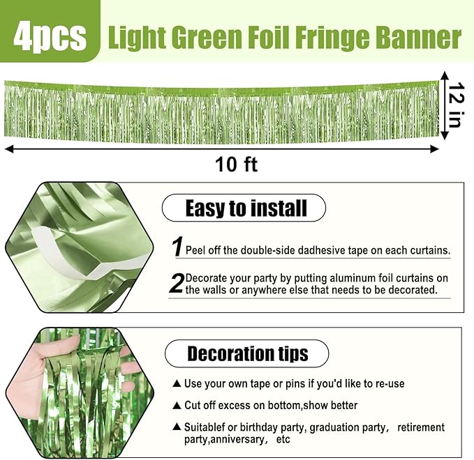 4 Pack 10 Feet Light Green Foil Fringe Garland Metallic Tinsel Streamers Banner - Image 2