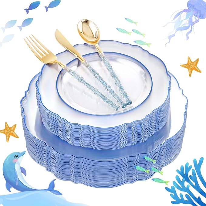 Liacere 150PCS Clear and Blue Plastic Plates-Clear and Blue Disposable Plates by Liacere