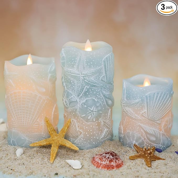 Silverstro Ocean Flameless Candles Remote Carved Seashell Real Wax Flicker by Silverstro