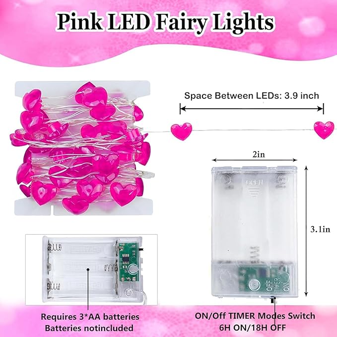 10FT Pink Heart Fairy Lights Battery Operated - Image 4