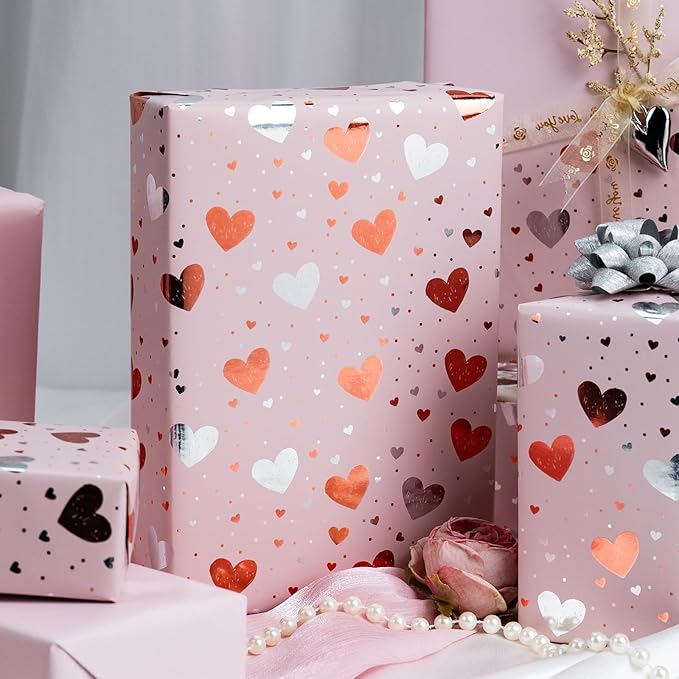 Burymento Gold Foil Heart Wrapping Paper, Reversible Pink Gift Wrap - Image 5