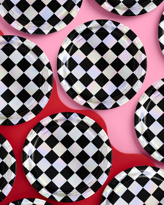xo, Fetti Black and Iridescent Checker Paper Plates - Image 3