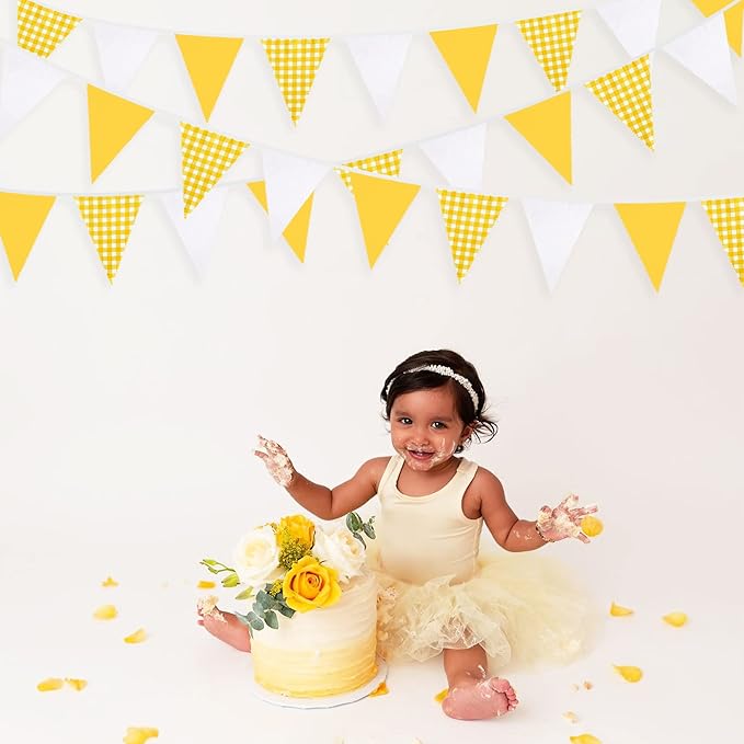 32Ft Yellow Plaid Checkered White Pennant Banner Fabric Gingham Triangle Flag - Image 4