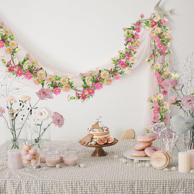 2 Pack Pink Flower Garland Daisy Flowers Silk Artificial Wildflower 13ft - Image 3