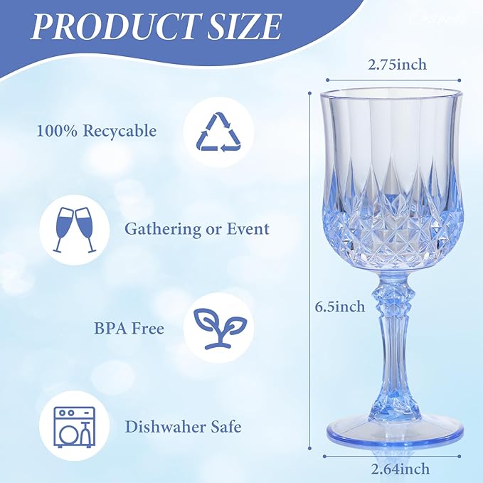 Blue Plastic Wine Glasses 7oz – 24 Pcs Unbreakable Vintage Plastic Goblets - Image 2