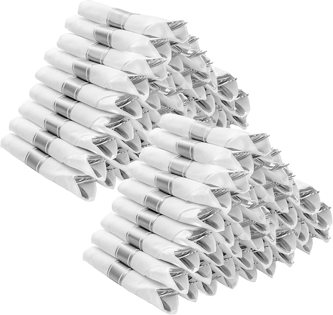 BESTVIP 100 Pack Pre Rolled Silver Plastic Silverware Set, Disposable Wrapped by Bestvip