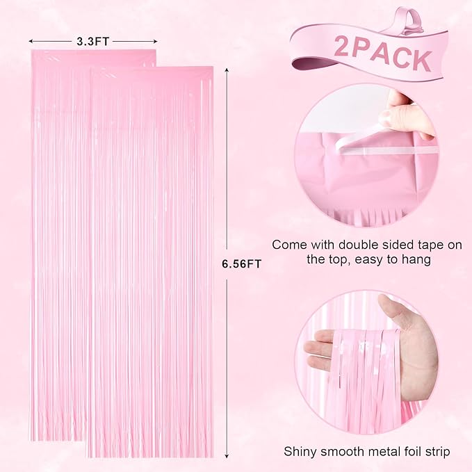 2 Pack Pastel Pink Tinsel Foil Fringe Curtains, Metallic Tinsel Party Streamers - Image 3