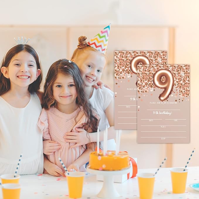 9th Birthday Invitation Cards, Rose Gold Glitter 9th Birthday Party Invites - Image 5