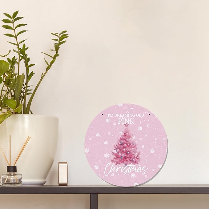 CGBHW Pink Christmas Tree Wooden Sign, Winter Holiday Theme Hanging Sign Wall - Image 4