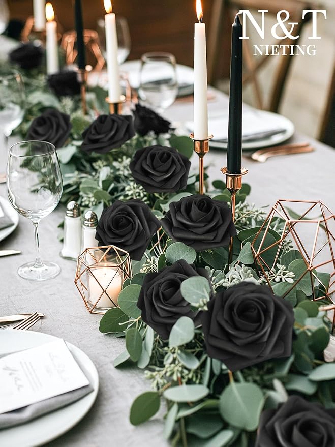 N&T NIETING Artificial Flowers Black Rose 50pcs Real Touch Flowers Perfect - Image 3